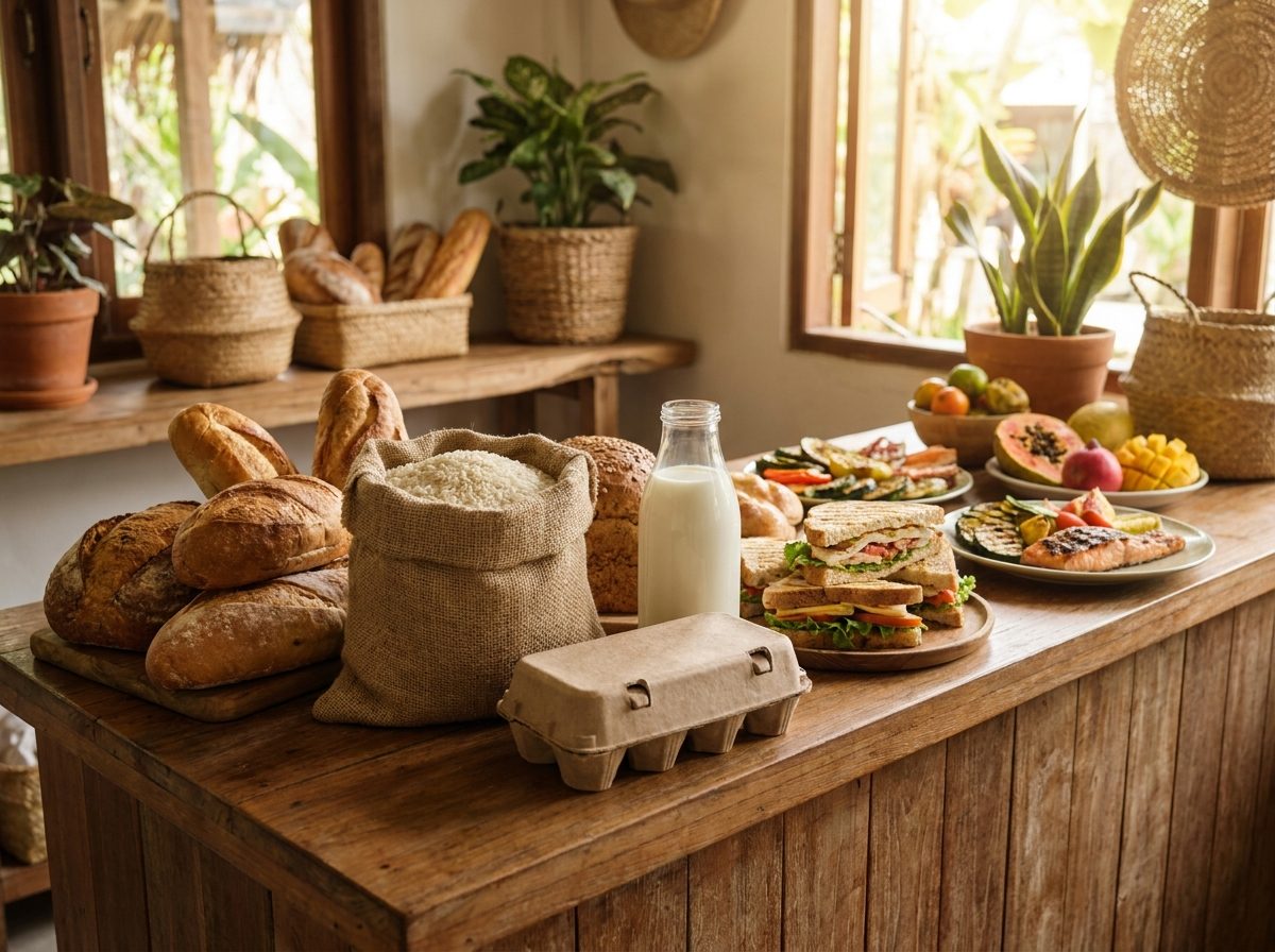 Pains frais, œufs, riz et lait sur un comptoir en bois