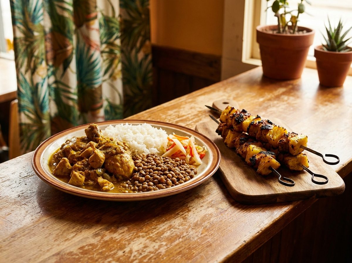 Assiette généreuse de riz cari poulet et brochettes grillées