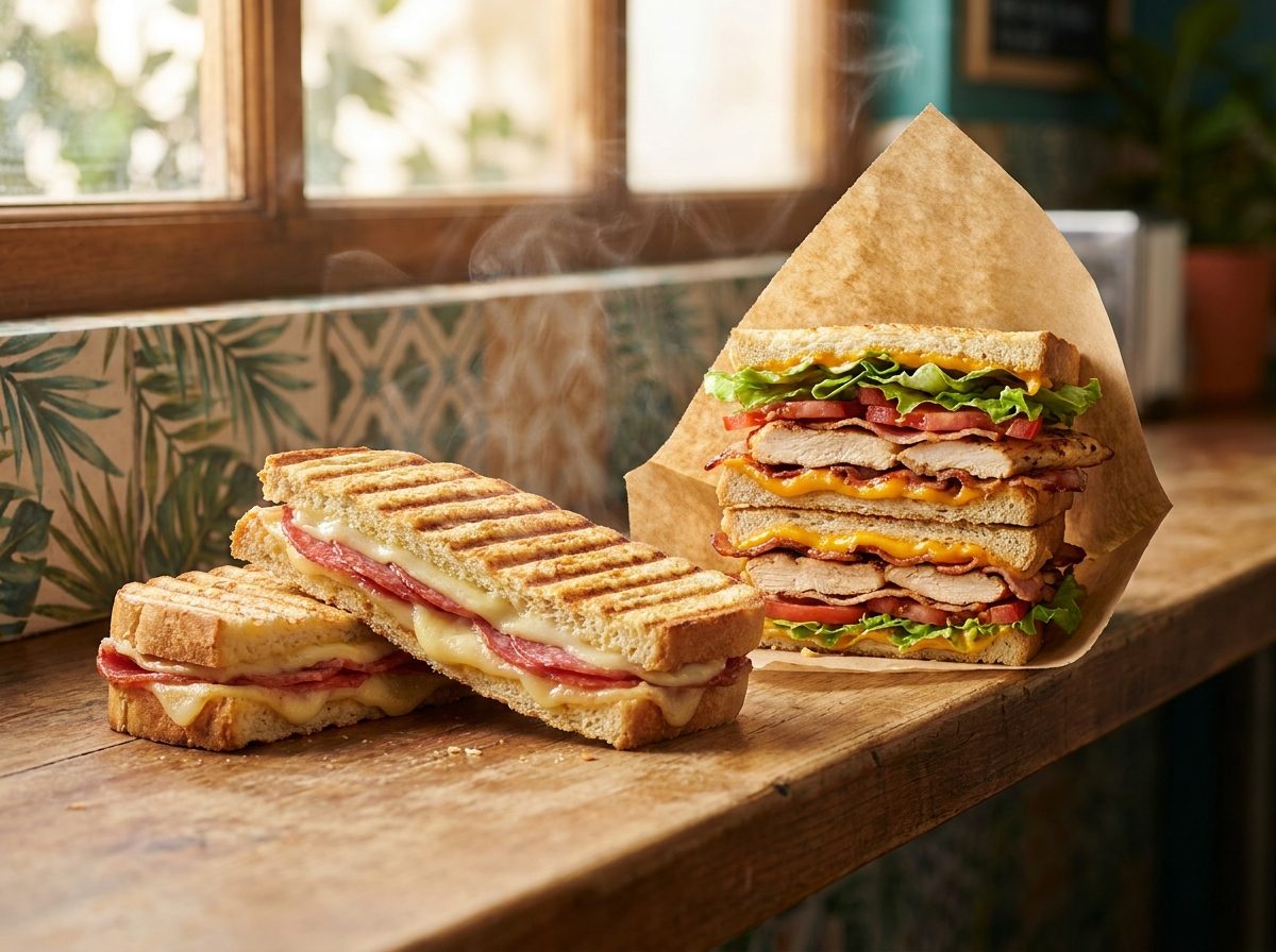 Paninis grillés et sandwich garni, fromage fondant et pain doré